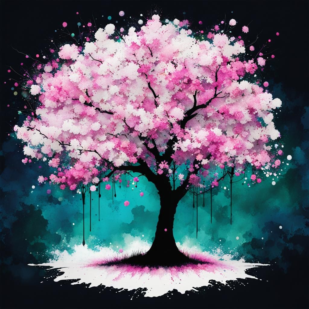 Flowering Tree in Ink Splatter Style