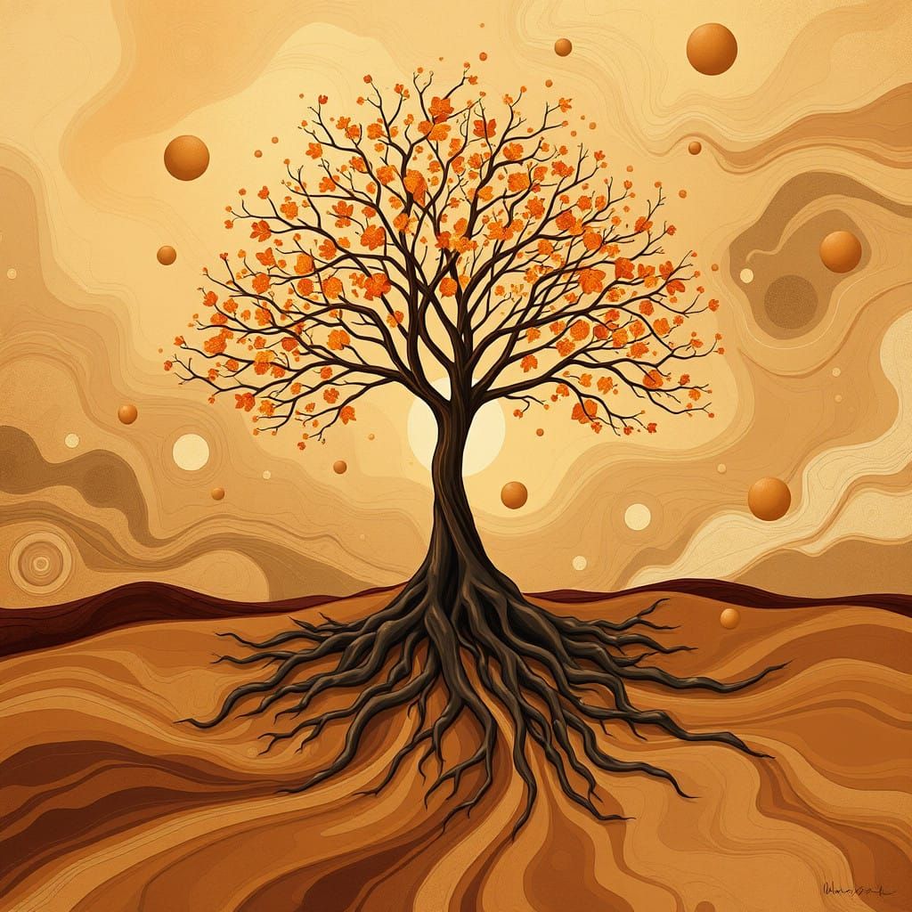 Stylized Autumn Tree in Abstract Landscape