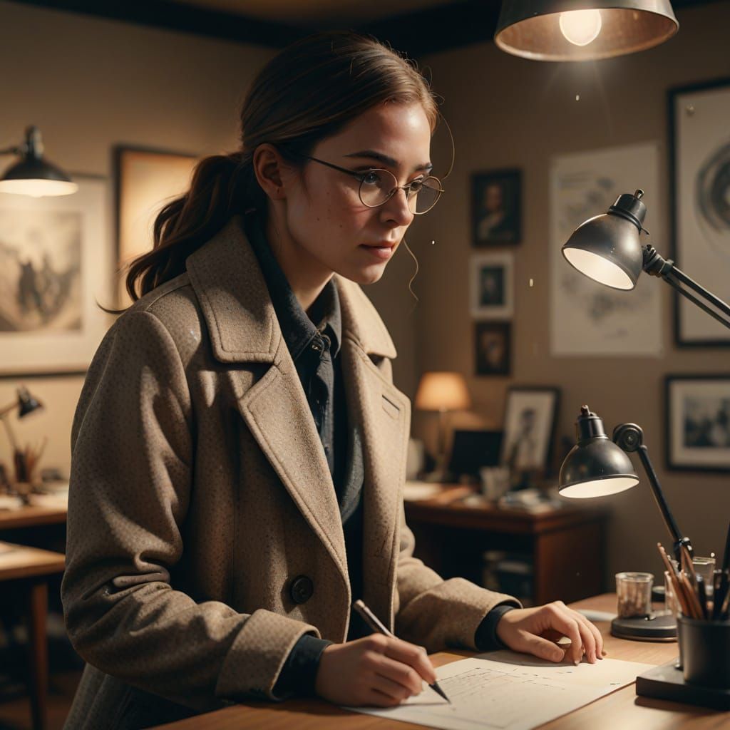 Jessica Flatcher in Studio with Magnifying Glass