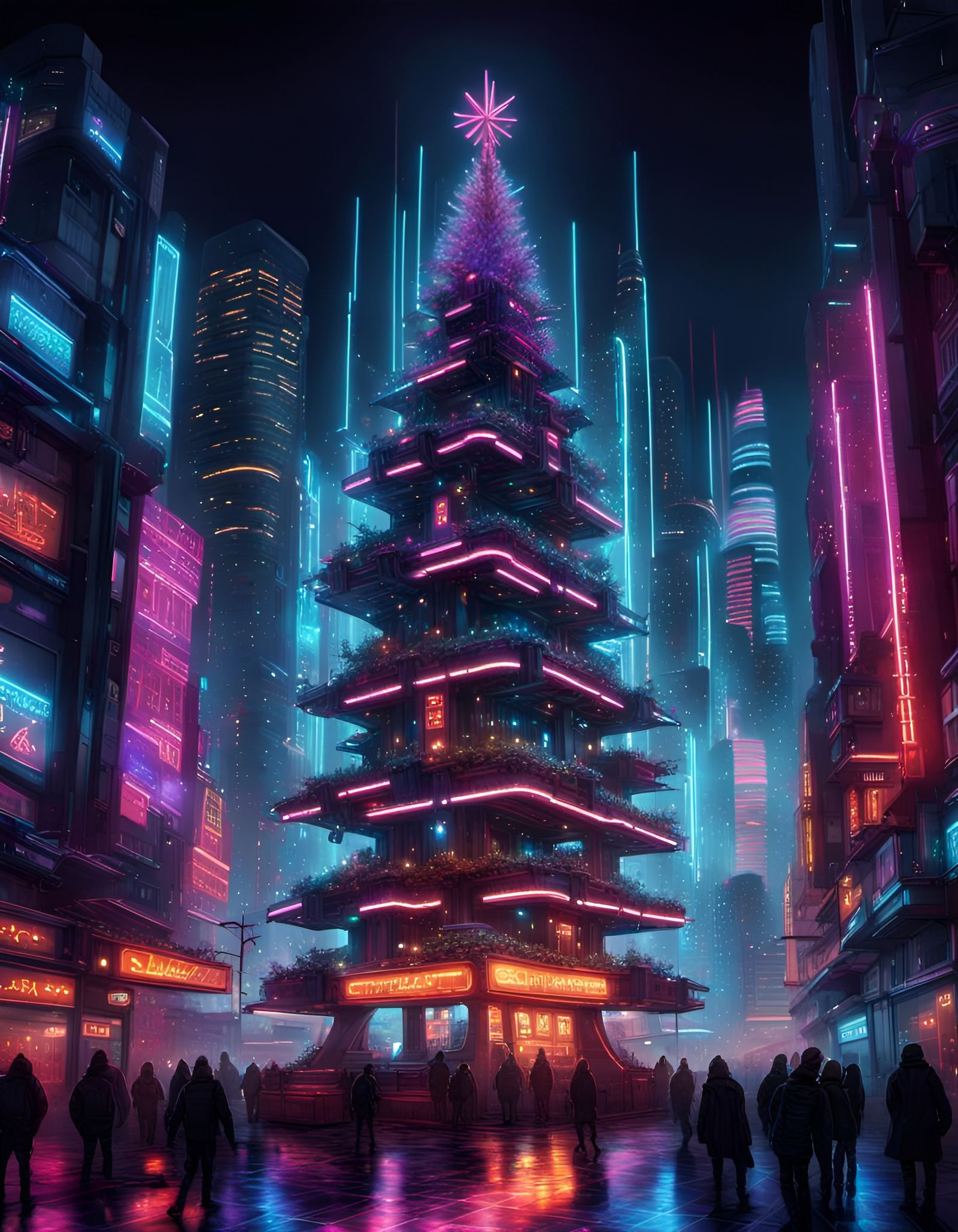 Cyberpunk Christmas Tree in Neon Cityscape