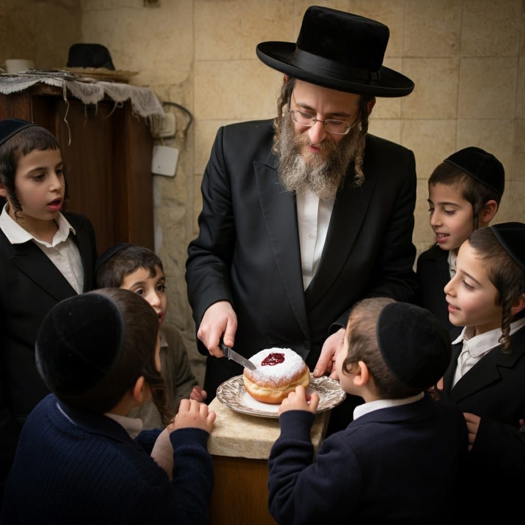 Traditional Haredi Jew Shares Sufganiyot with His Children