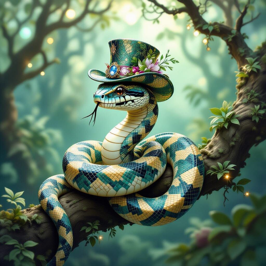 Boa Constrictor in Victorian Hat in Enchanted Forest