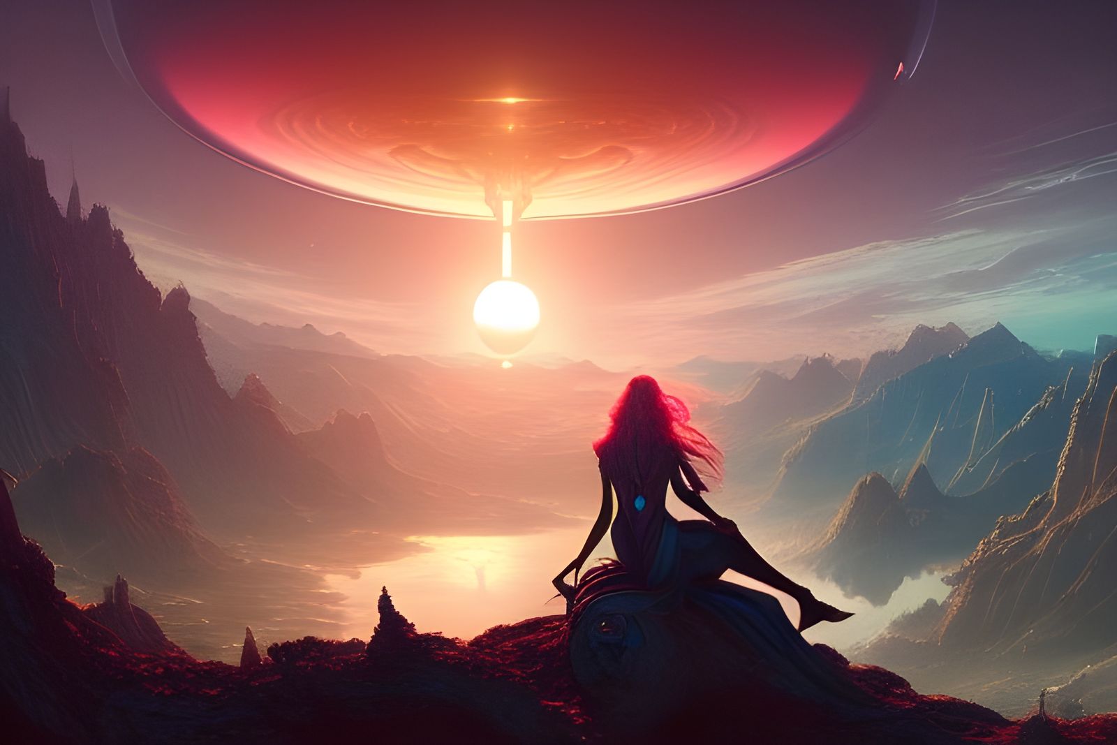 Alien Empress Overlooks Sunset Valley, Art Nouveau Style