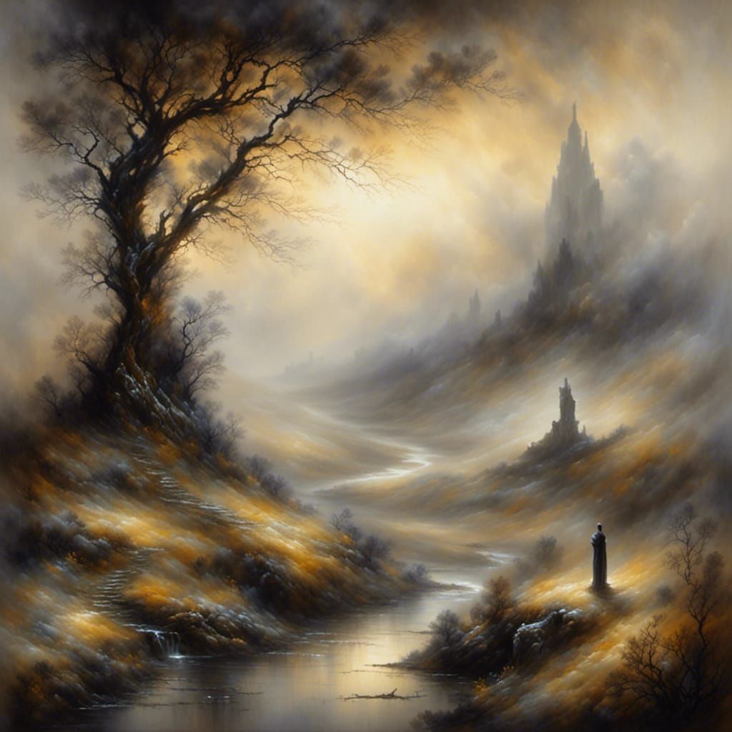 Ethereal Landscape with Lonely Figure in Watercolor