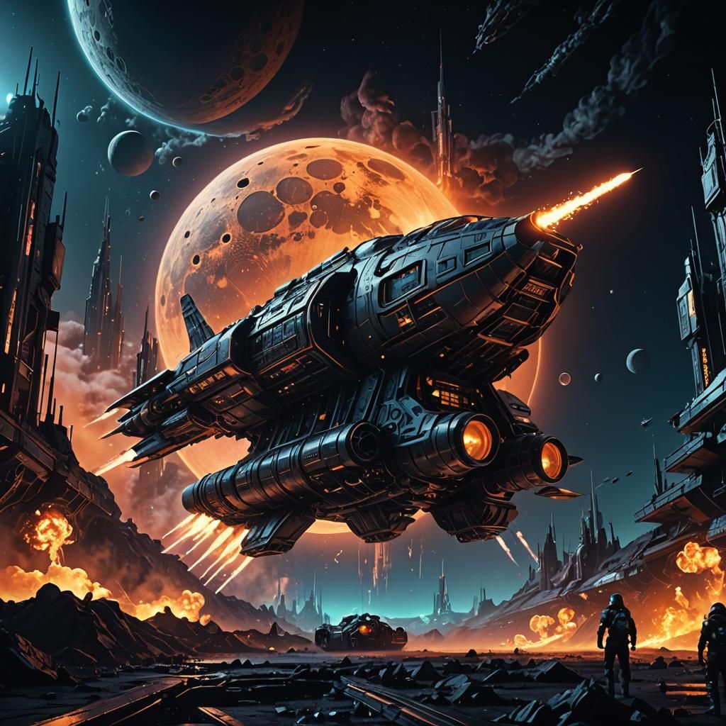 Cyberpunk Spaceship Landing on Futuristic Moon