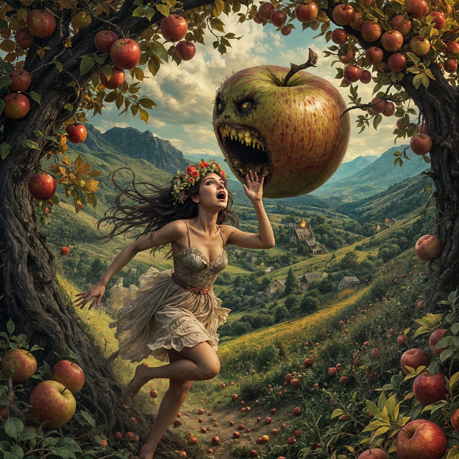Dark Fantasy Female Chased by Monstrous Apple in Autumn Vall...