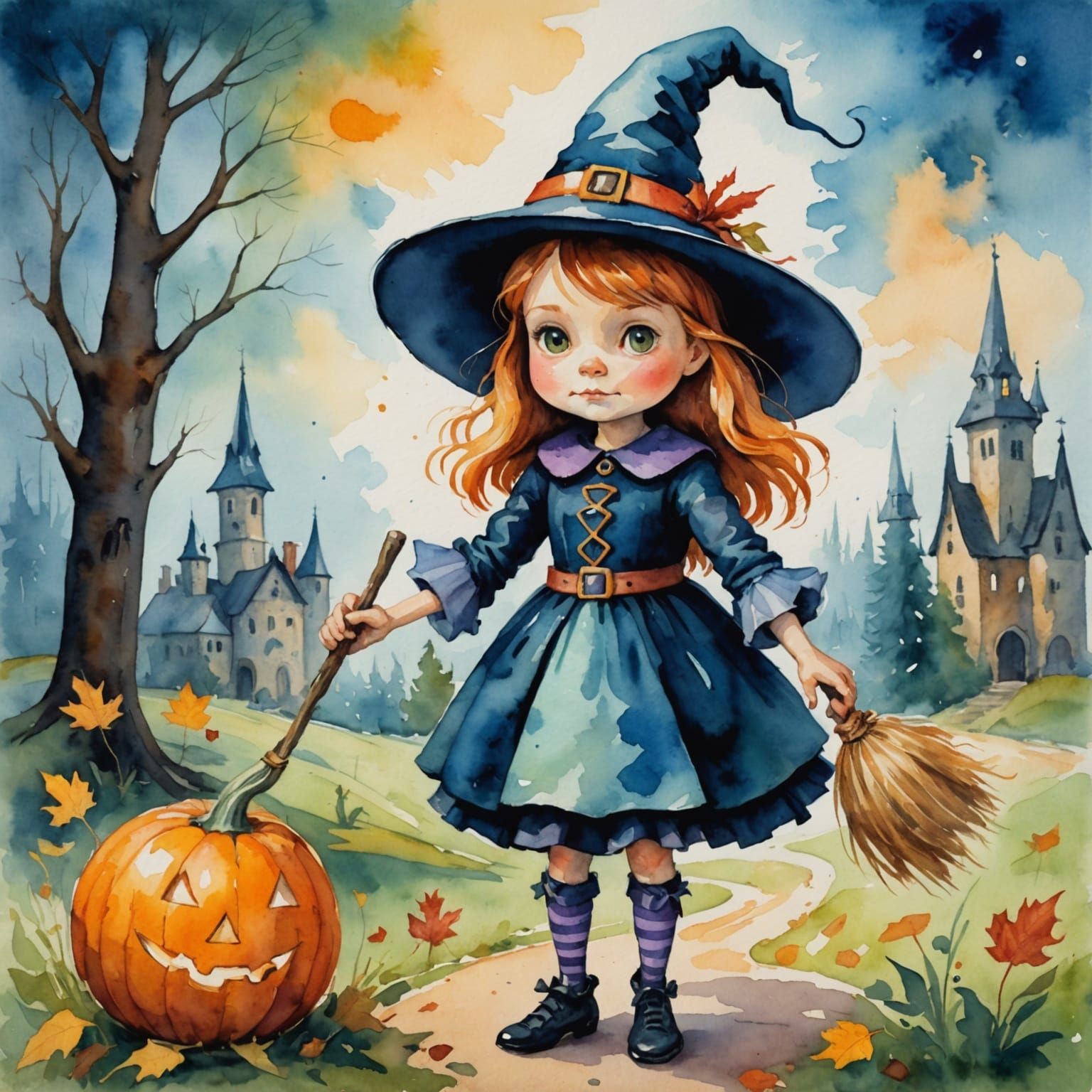 Little Witch in Gouache Style Impressionist Masterpiece