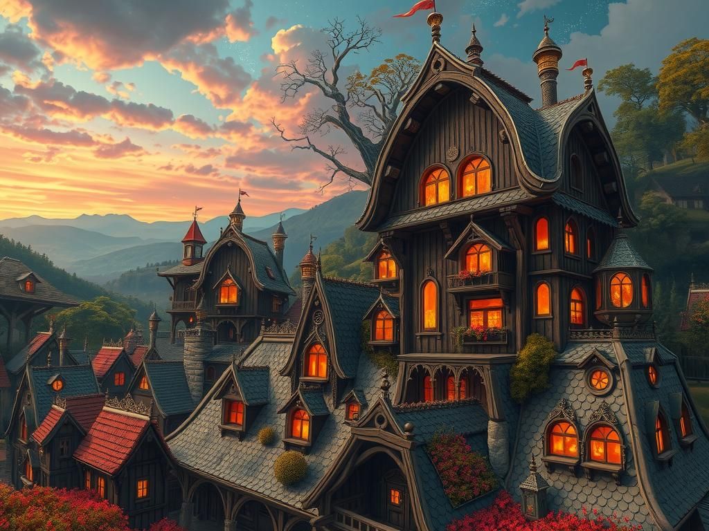 Mystical Folk Village in Surrealist Landscape