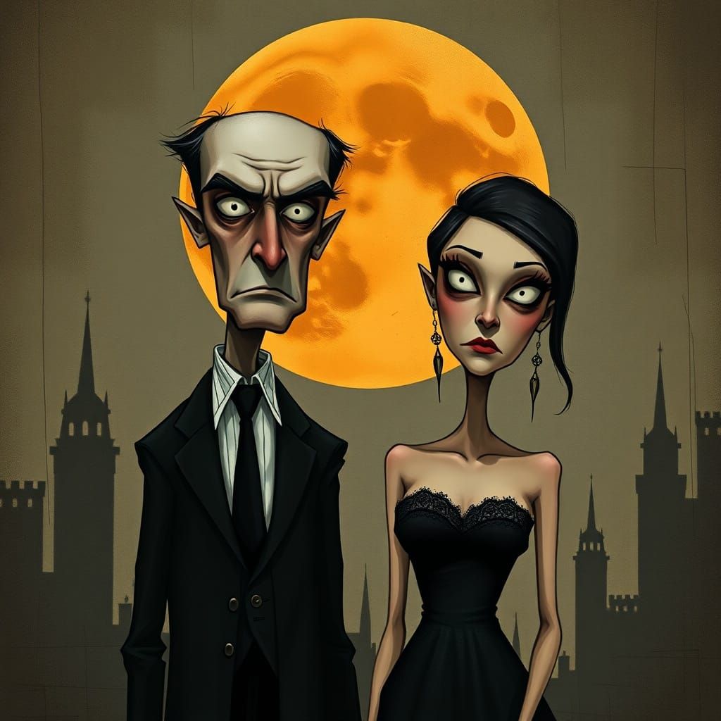 Stern Couple with Elongated Faces in Moody Gothic Style