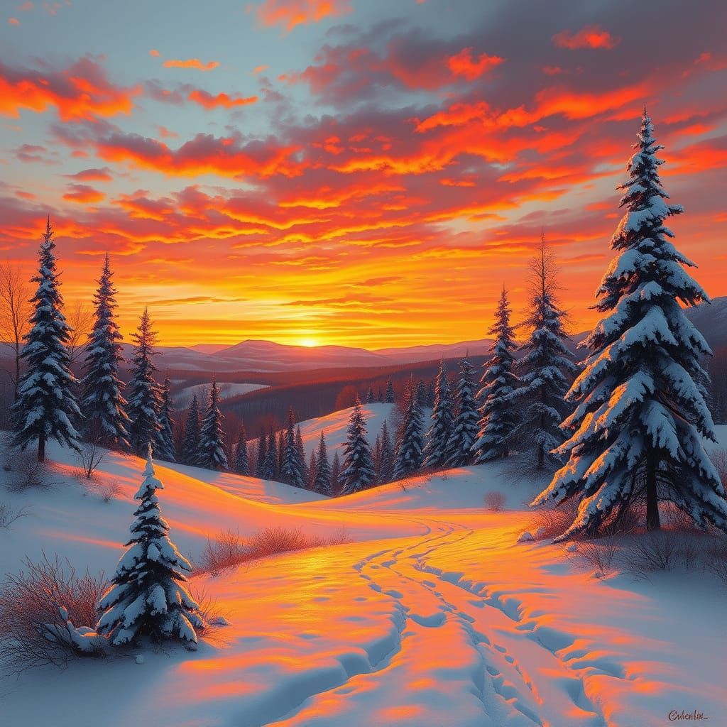 Peaceful Winter Landscape in Warm Sunset Hues