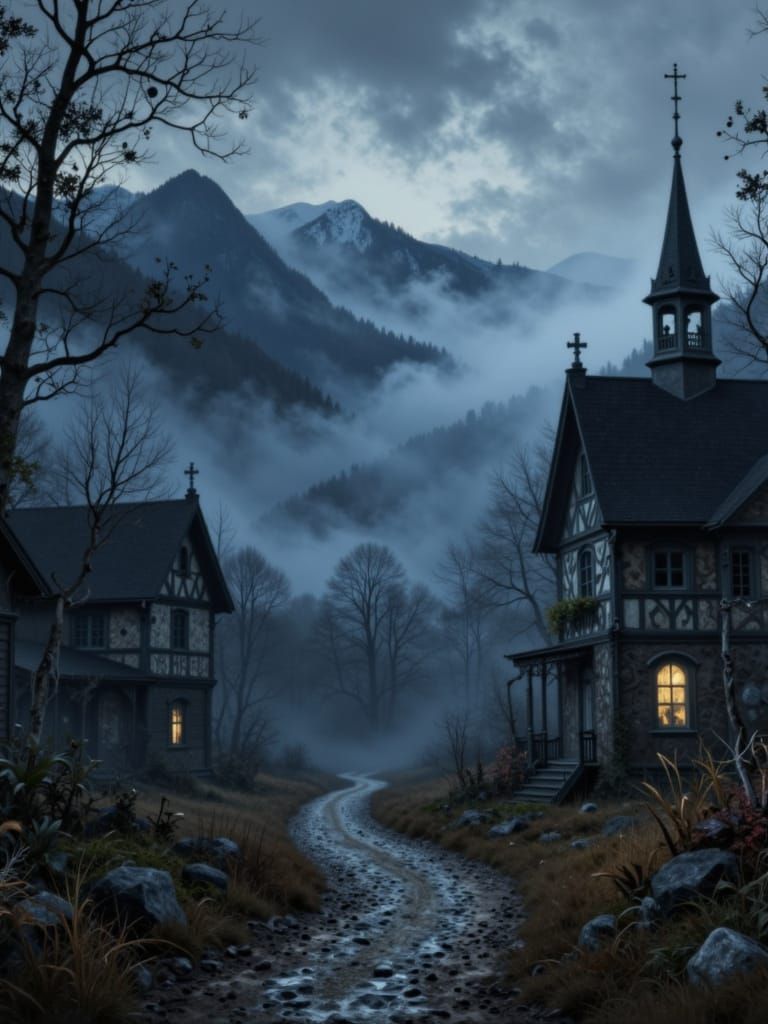 Atmospheric Spooky Village in Misty Mountains