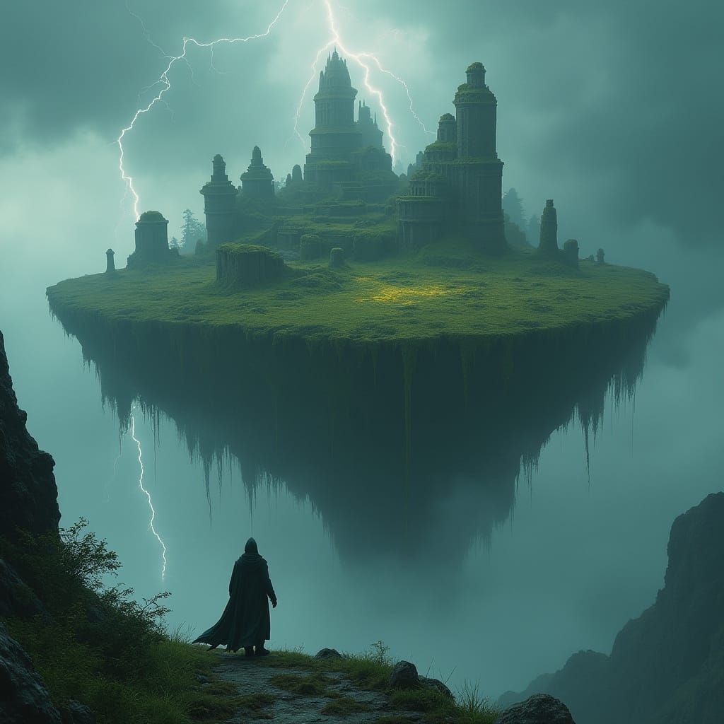 Floating Island with Glowing Ruins in Stormy Sky