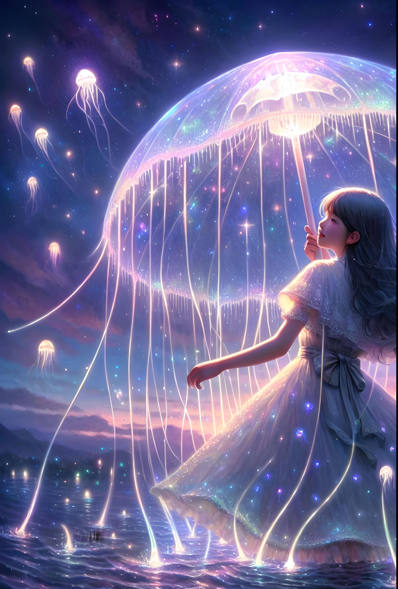 Girl with Bioluminescent Jellyfish Umbrella in Twilight Sky