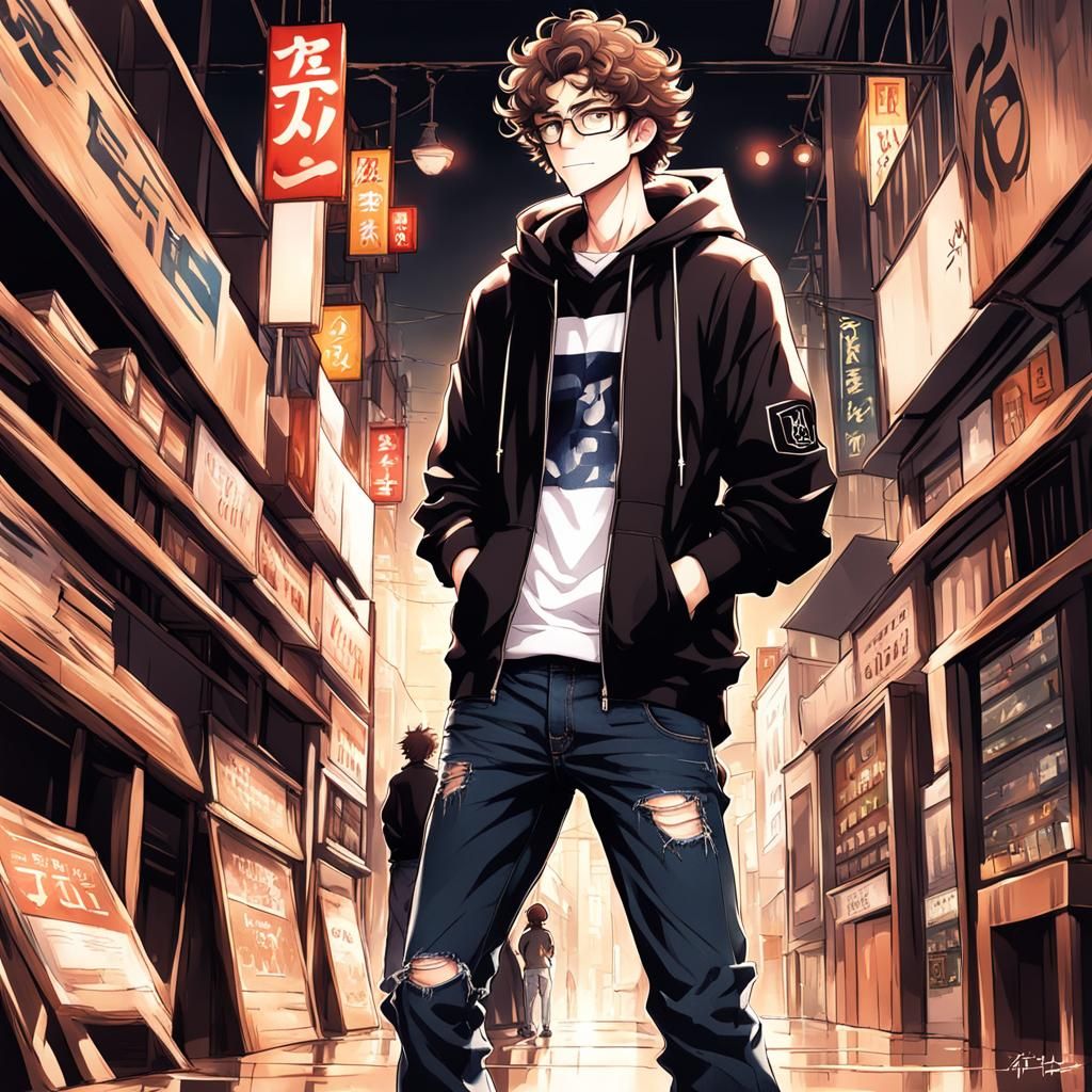 Anime Style Boy with Hoodie and Glasses
