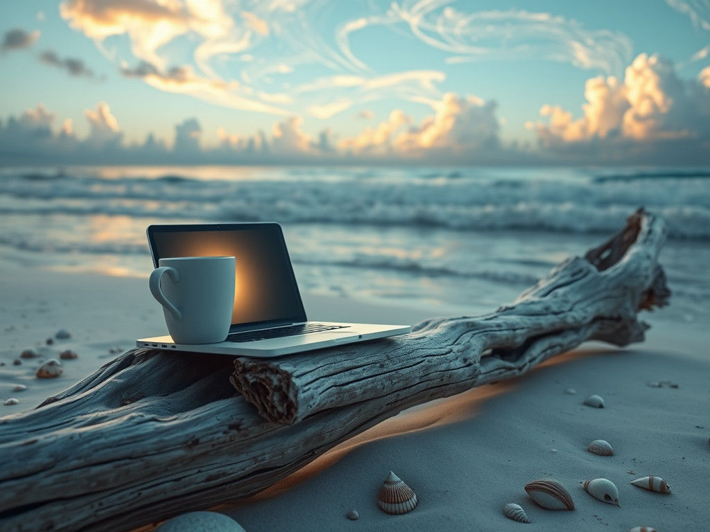 Beach Business: Coffee and Laptop in Dreamlike Setting
