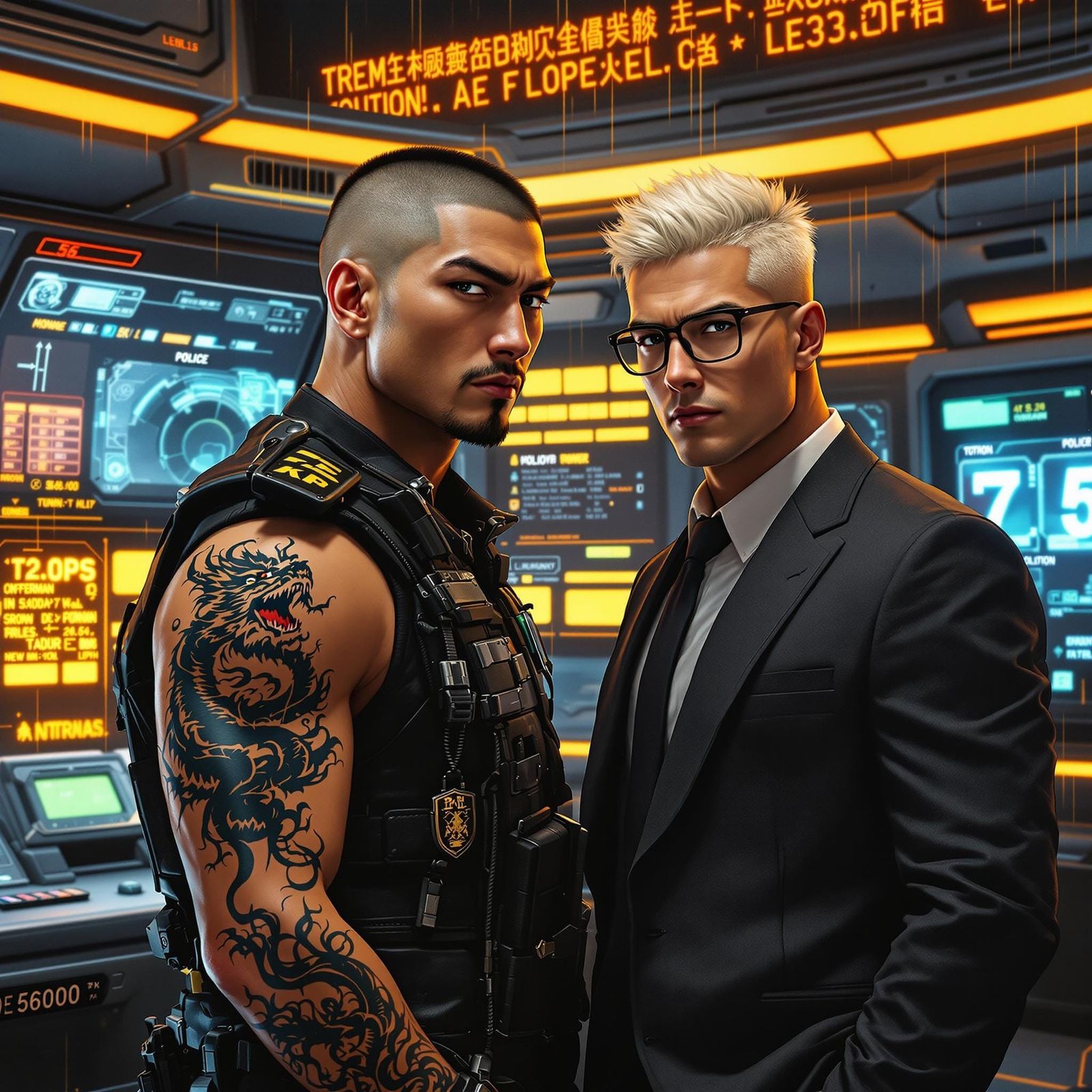 Motorcycle Cop and Boyfriend in Futuristic Police Station