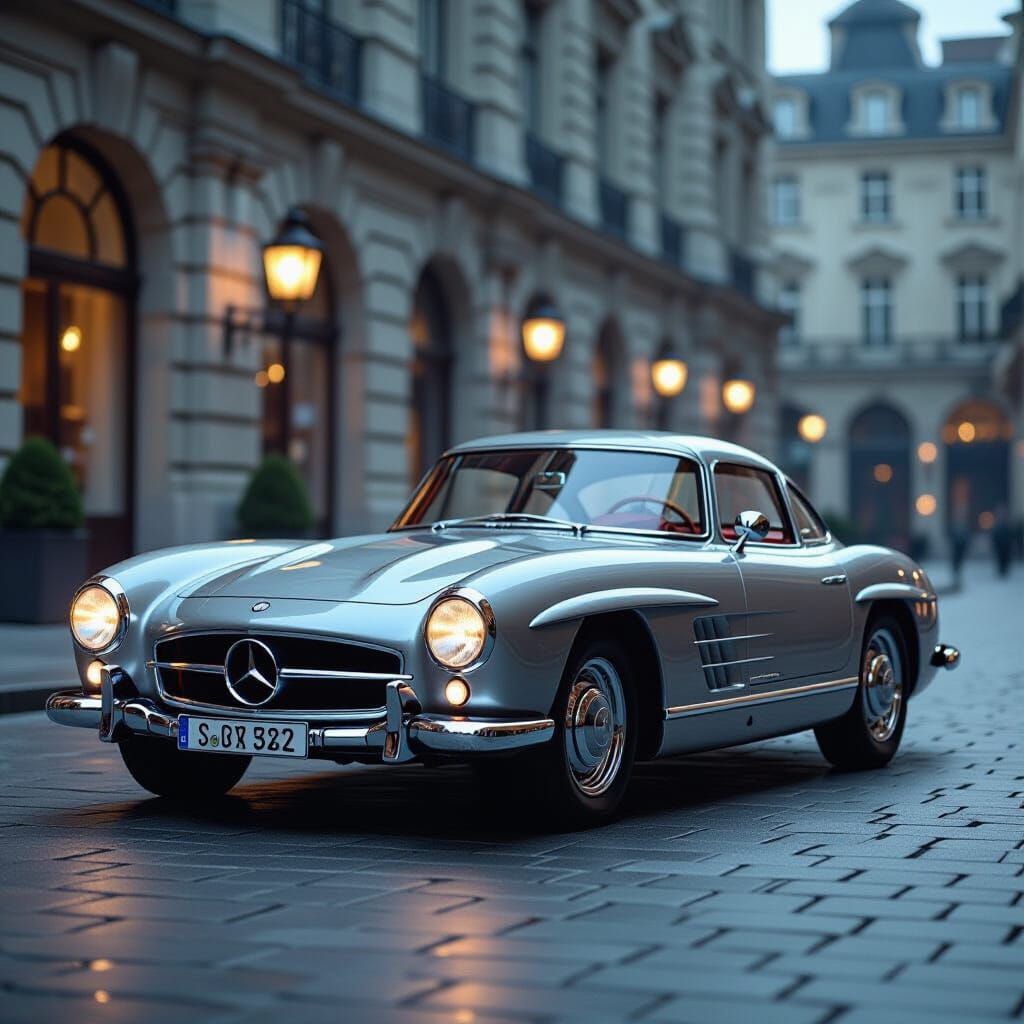 Silver Mercedes 300 SL in Cinematic Style