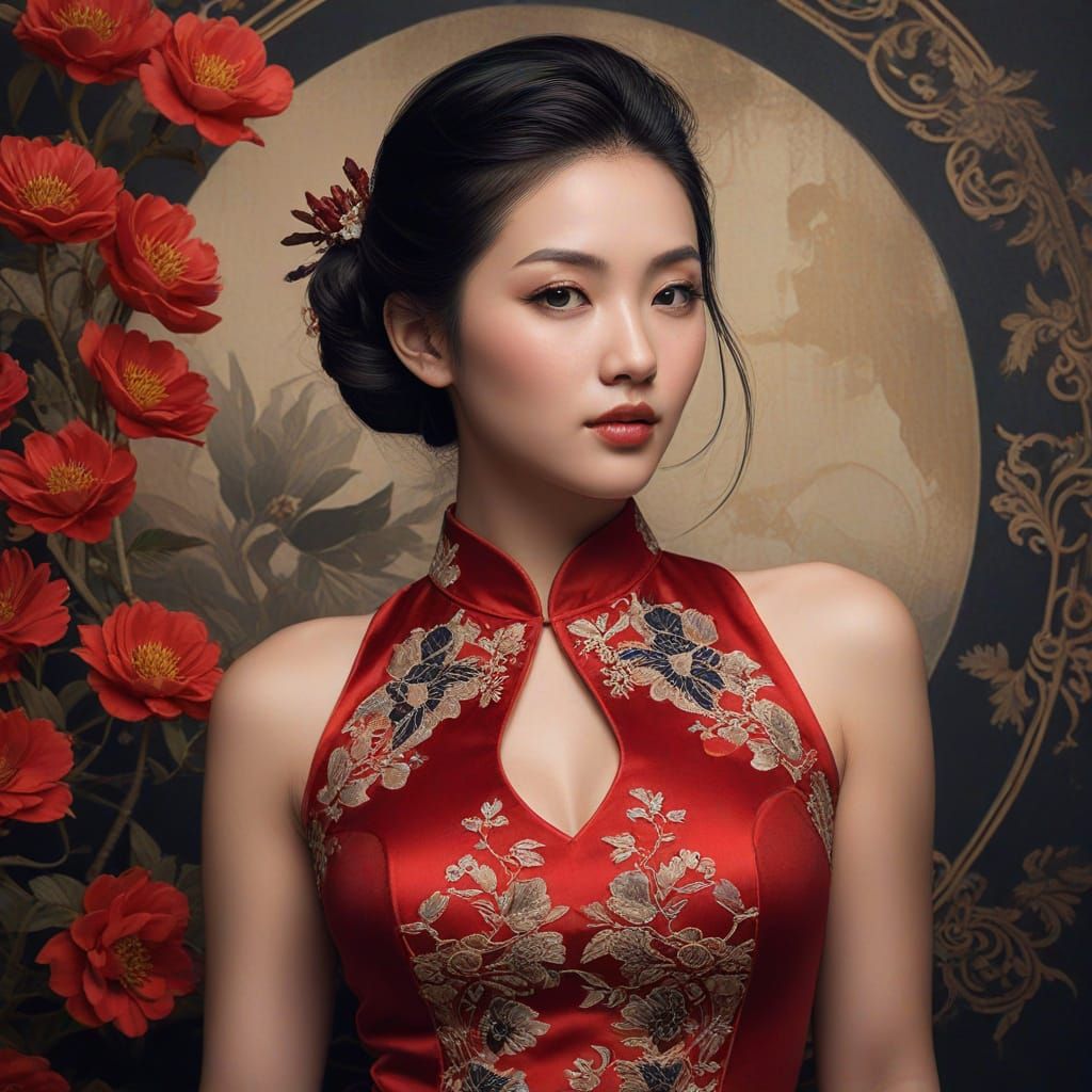 Elegant Asian Woman in Cheongsam Dress