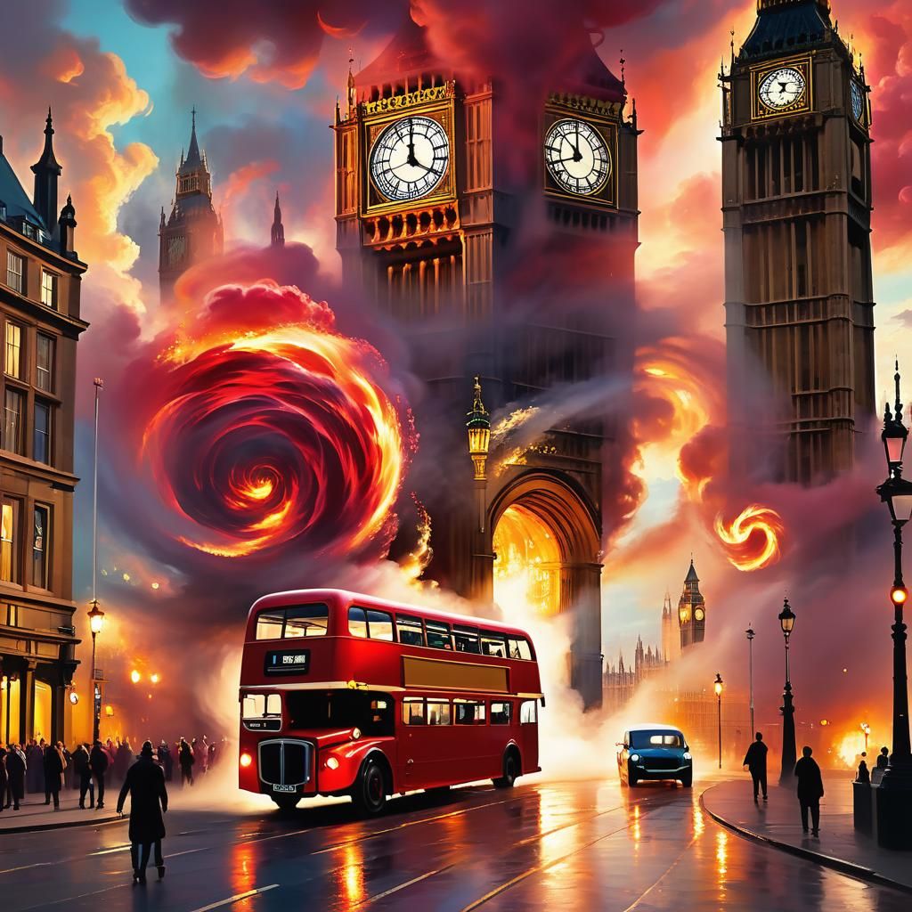 Magical Vorticist Portal Scene with Red Bus