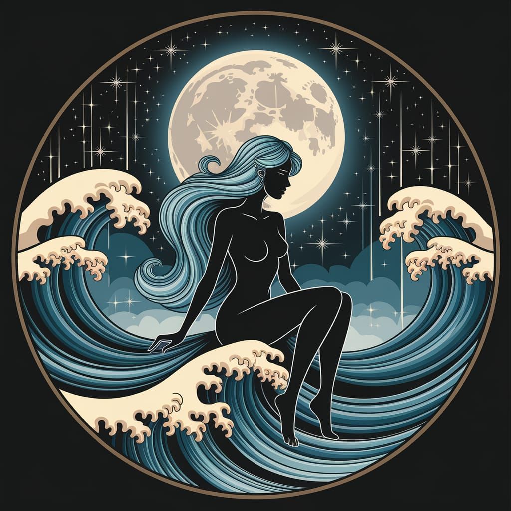 Mystical Ocean Goddess Under Glowing Full Moon