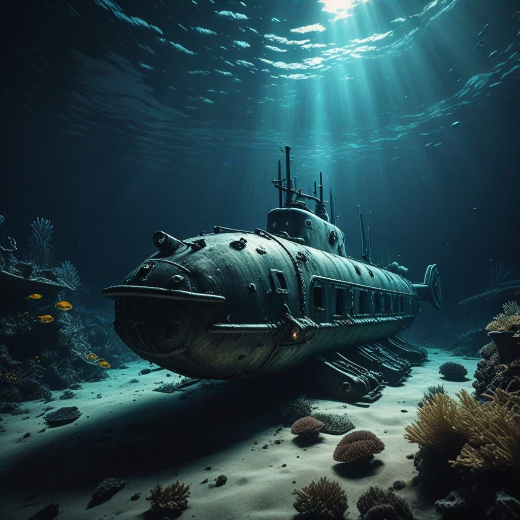 Dramatic Underwater Wreckage Amidst Thriving Marine Life