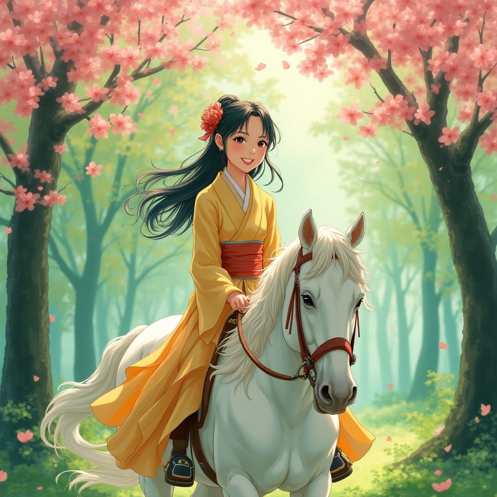 Elegant Japanese Woman Rides Horse Through Cherry Blossoms i...