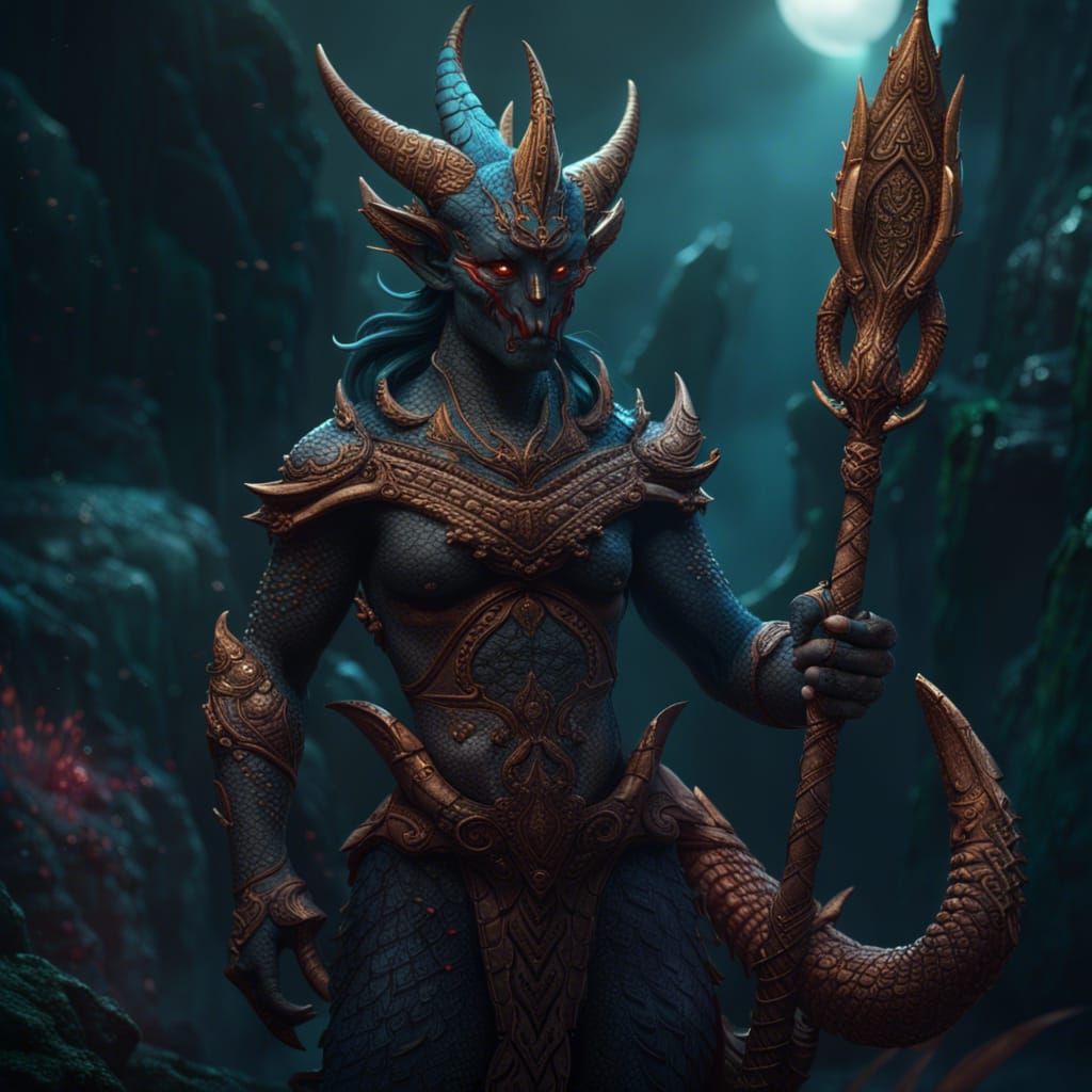 Naga Warrior with Trident in Detailed Matte Painting