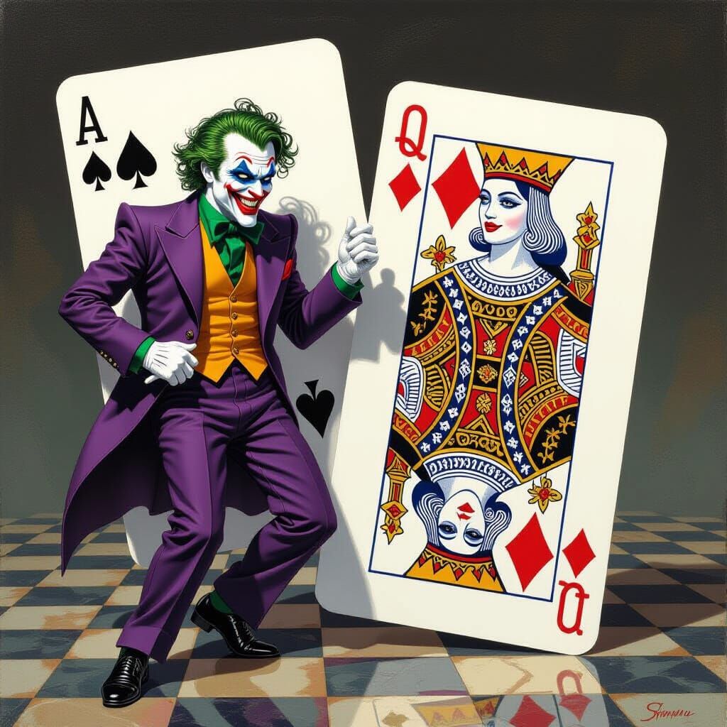 Dancing Joker and Queen of Spades as Oil Painting