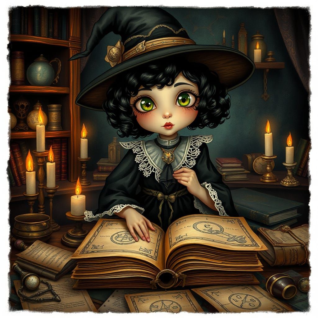 Whimsical Young Witch in Mystical Study