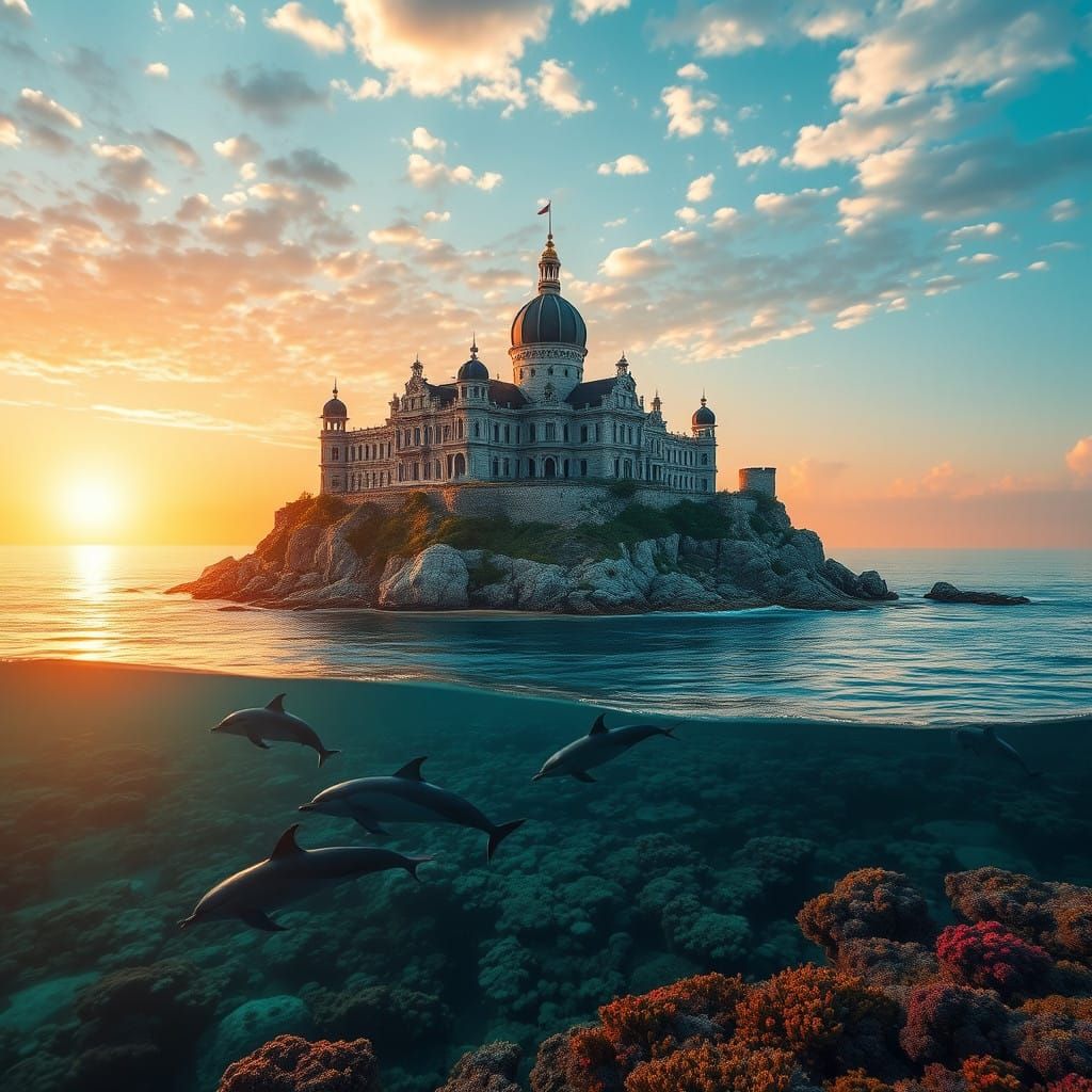 Elegant Palace on Exotic Island with Dolphins and Coral Reef...