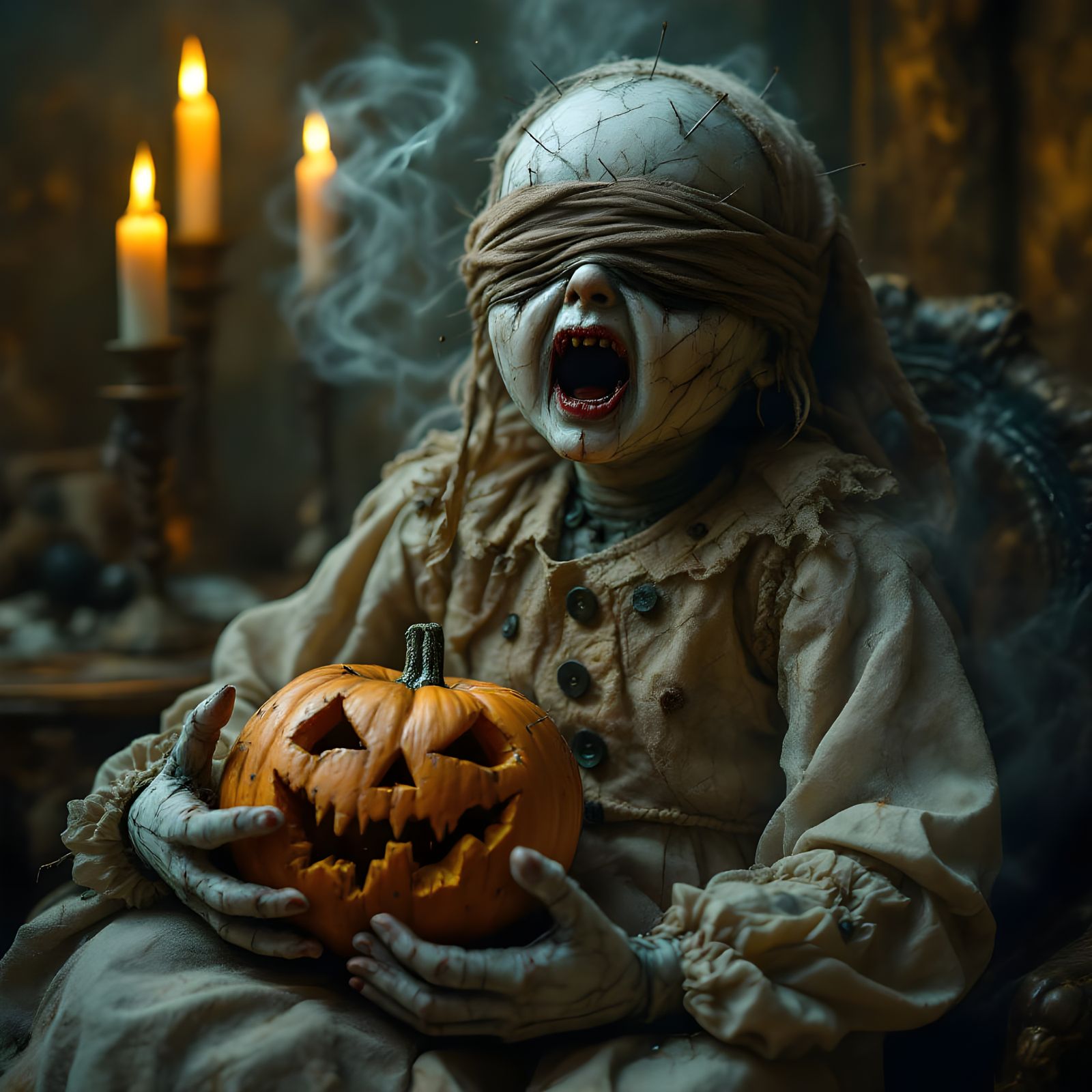 Creepy Voodoo Doll with Pumpkin in Horror Scene