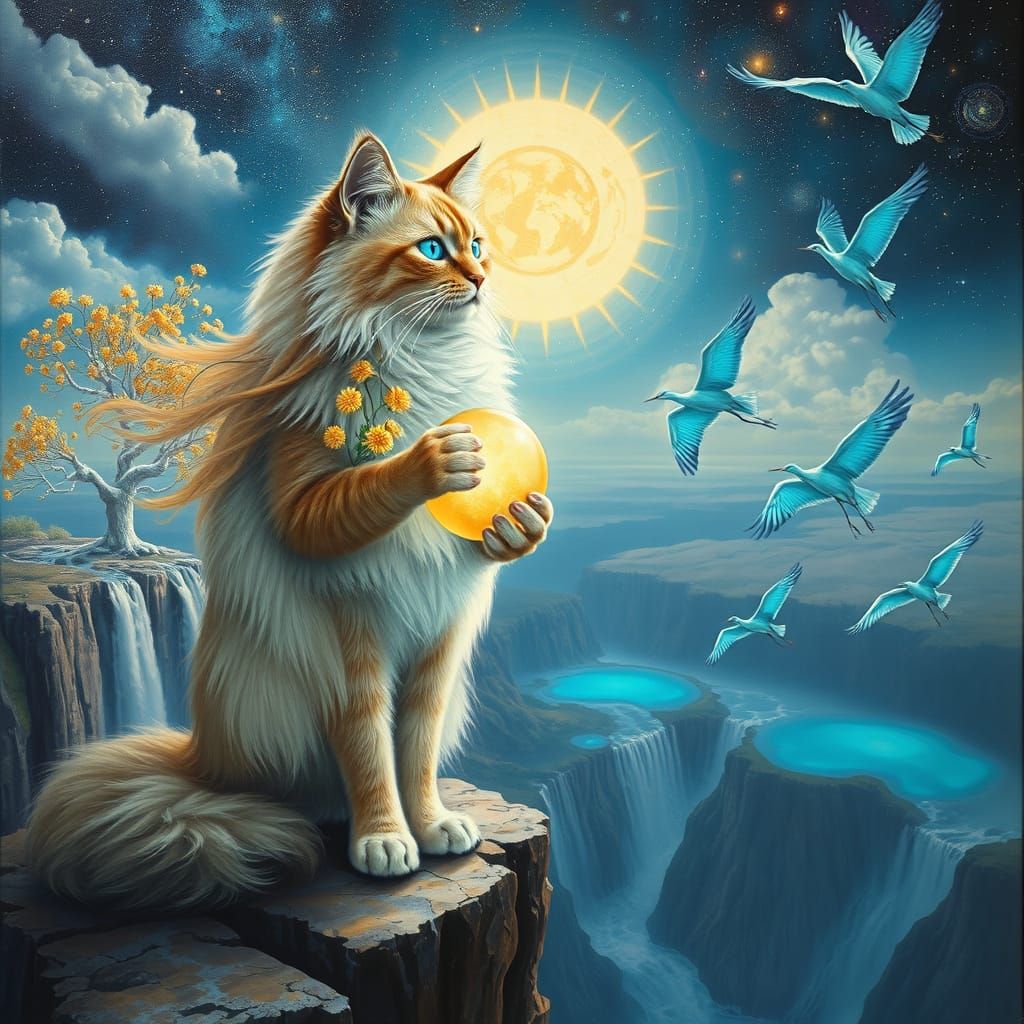 Golden Flowered Cat on Cliff with Sun Orb