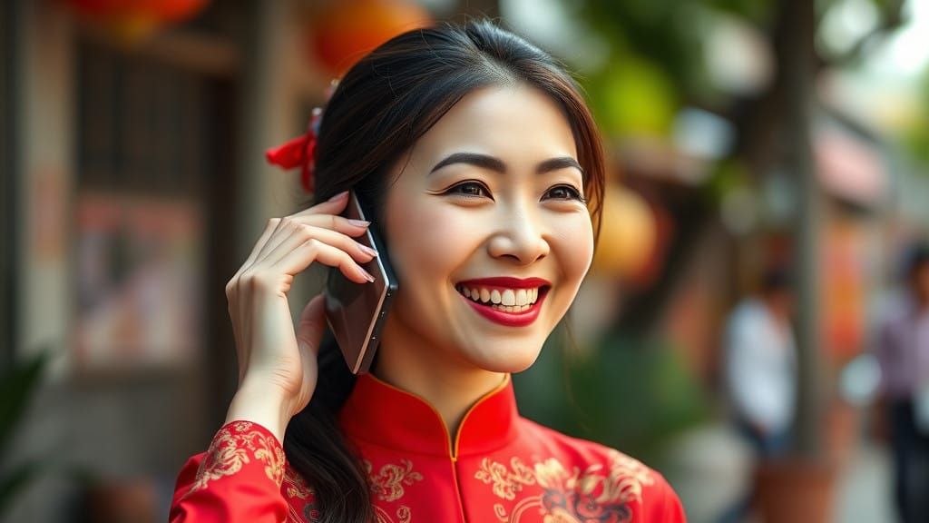 Vietnamese Woman in Traditional áo dài Speaks with Joyful Ex...