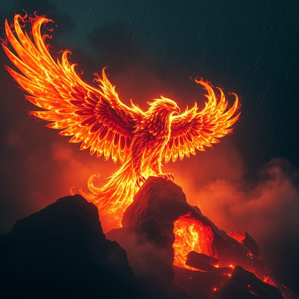 Majestic Phoenix of Fire Ascending in a Stormy Night