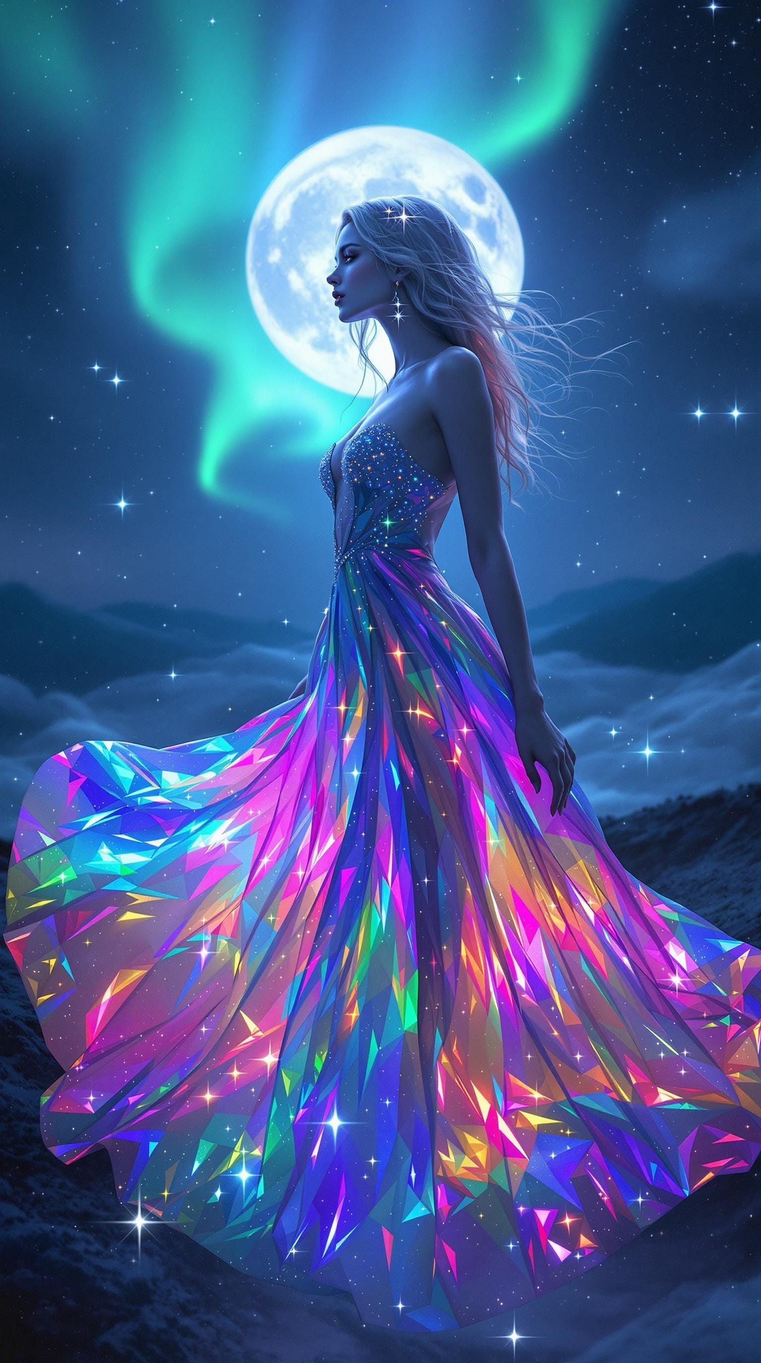 Swedish Girl in Rainbow Dress with Northern Lights