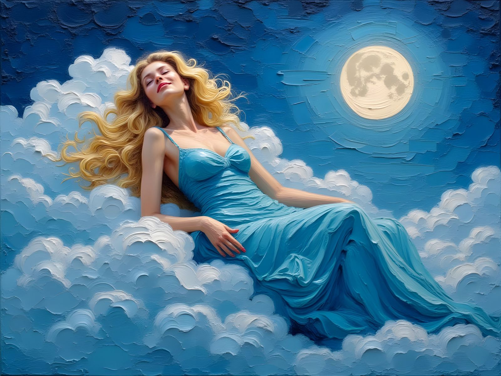 Norse Goddess Reclining on Clouds in Impasto Oil Style