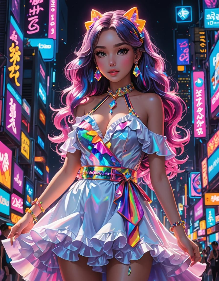 Neon Lisa Frank Dress in 3D Anime Style