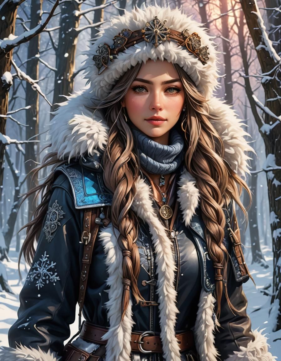 Female Adventurer in Winter Forest, Neo-Impressionist Anime ...