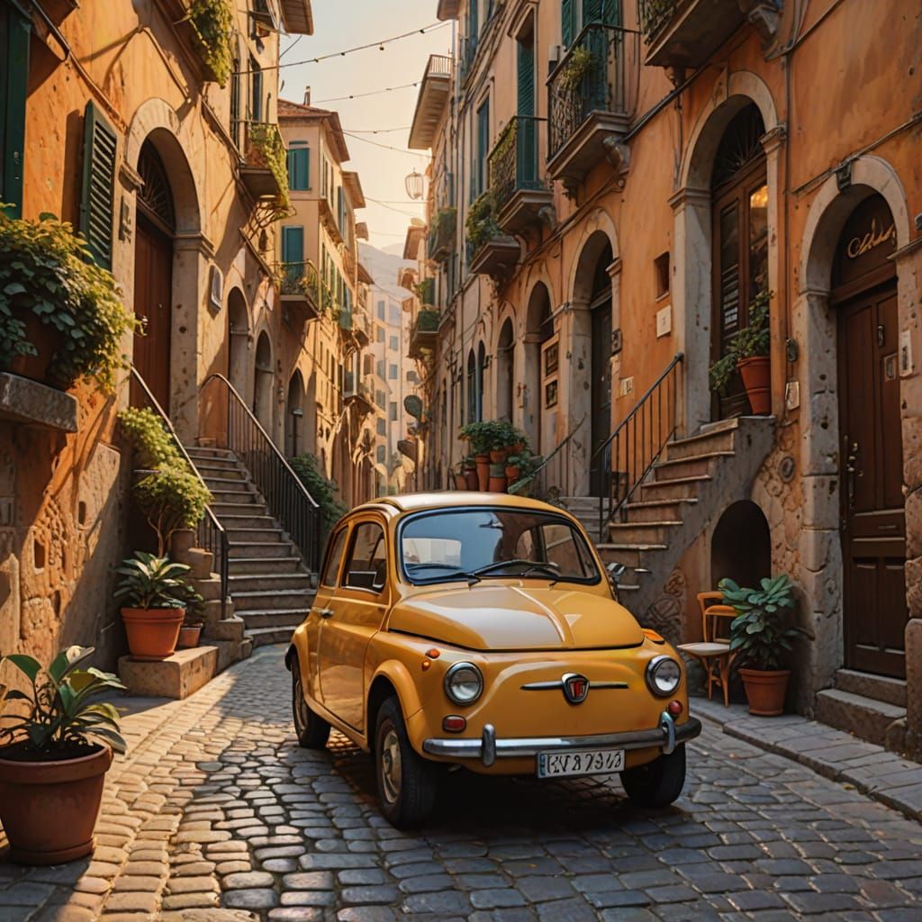 Naples Alleyway Painting with Fiat 600