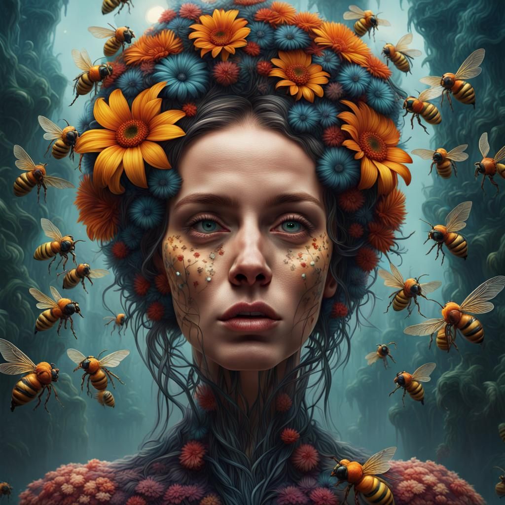 Surreal Woman with Flowers and Bees, Ultrarealistic Painting