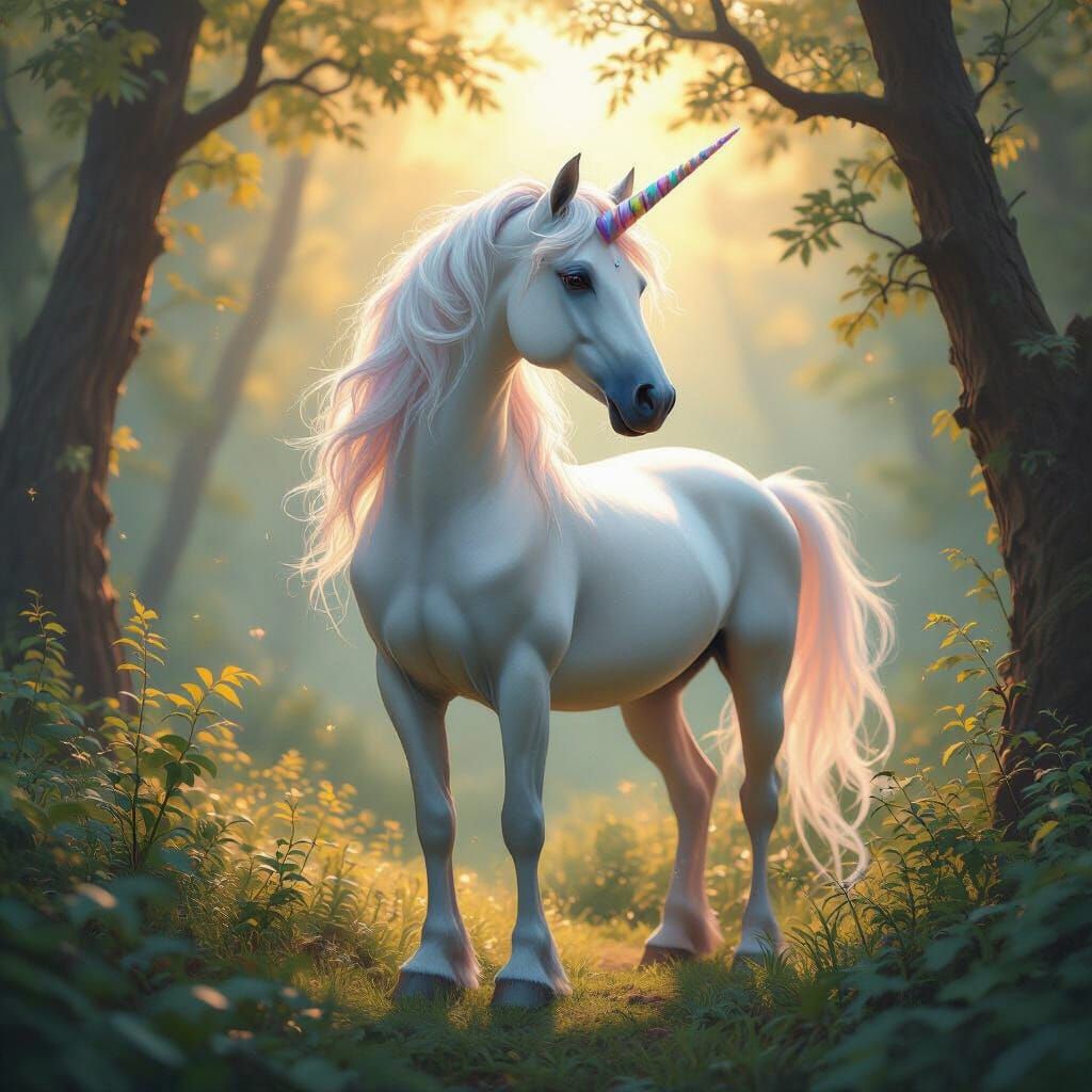 Majestic Unicorn in Ethereal Golden Hour Forest