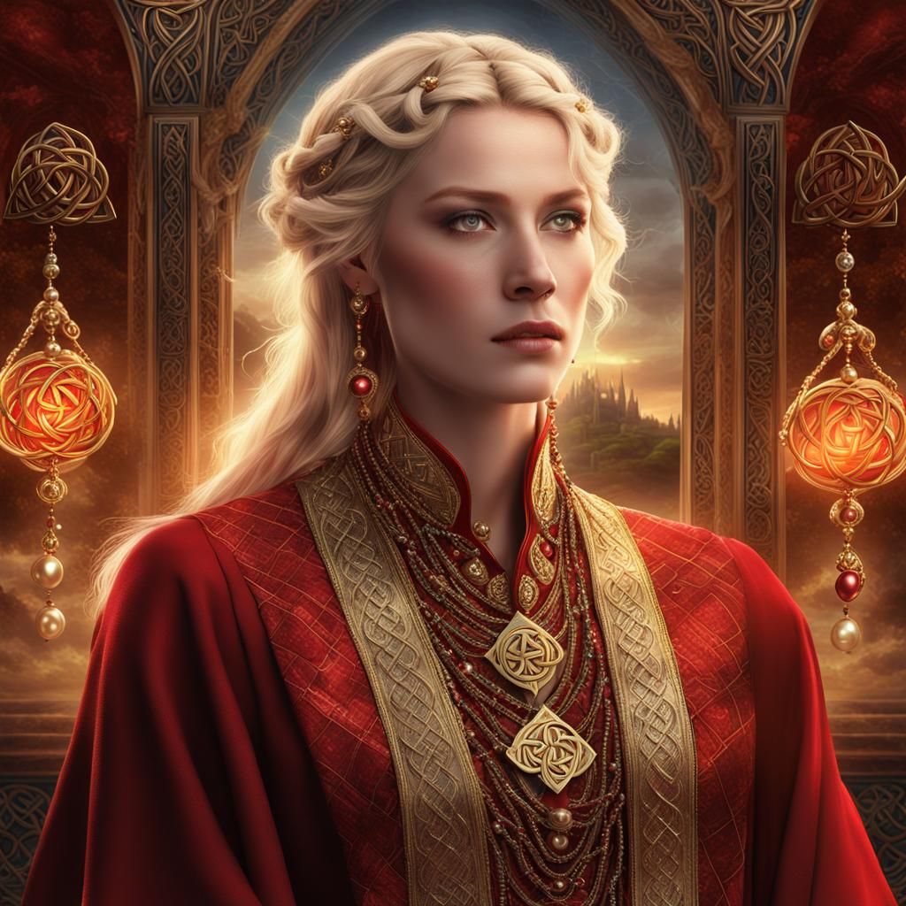 Celtic Woman in Red Robe with Golden Lighting