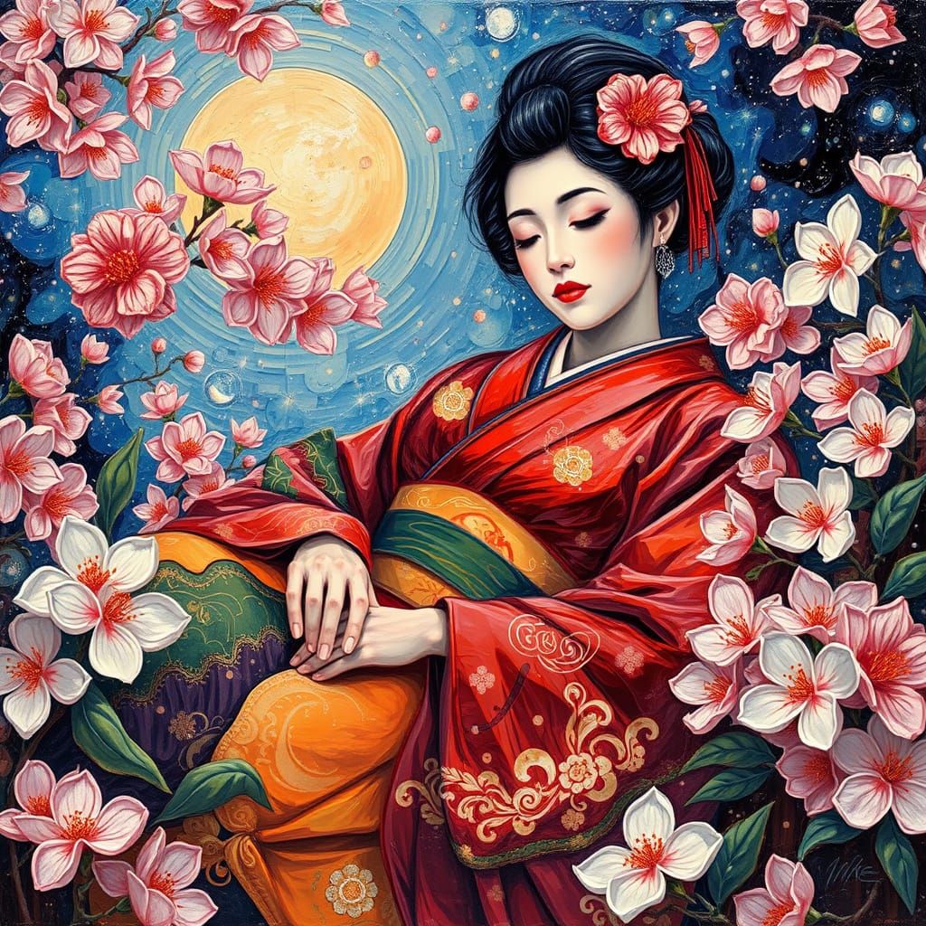 Surreal Geisha in Neo-Impressionist Cherry Blossom Garden