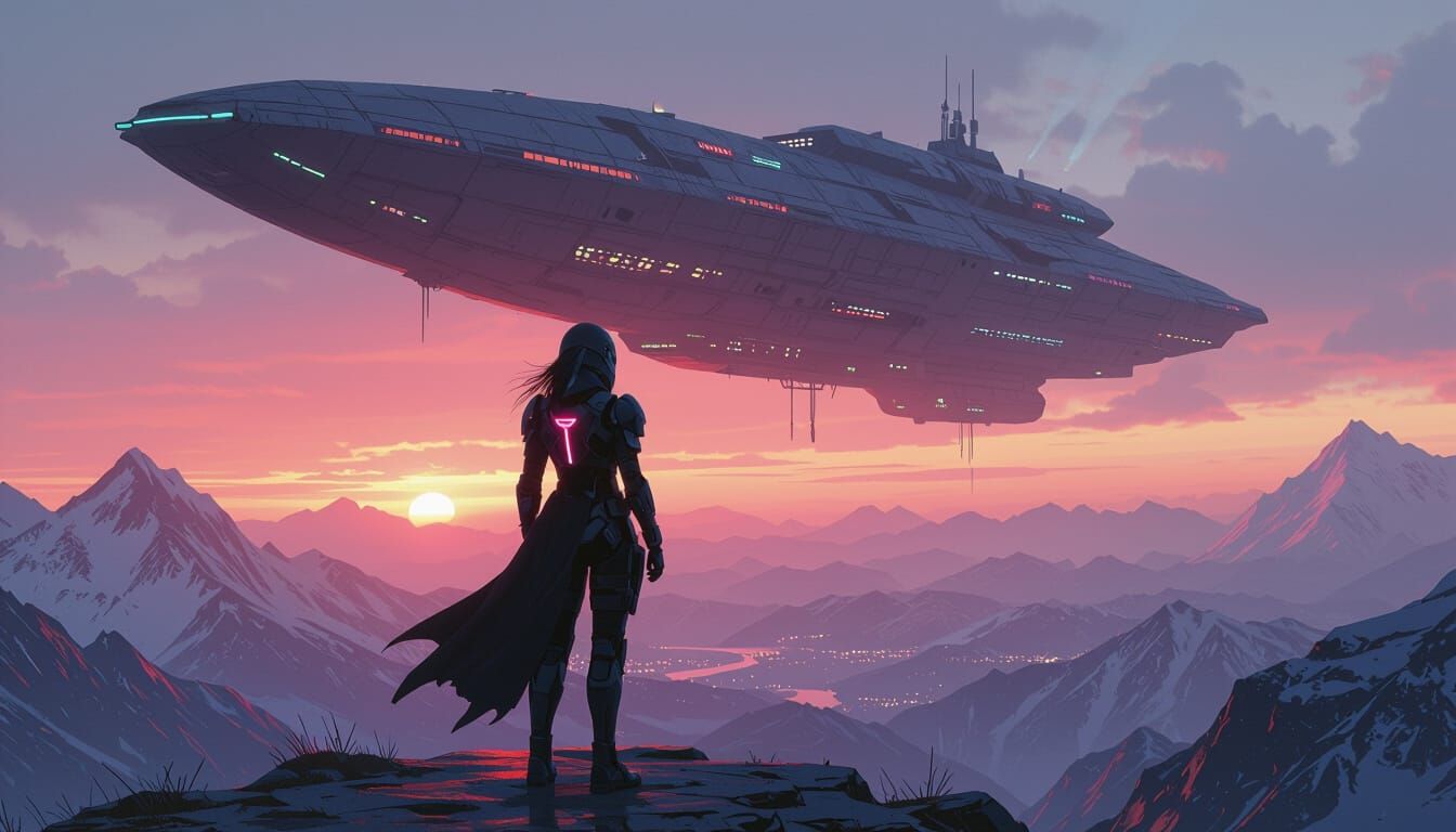 Cyberpunk Valkyrie Gazing at Decaying Spaceship