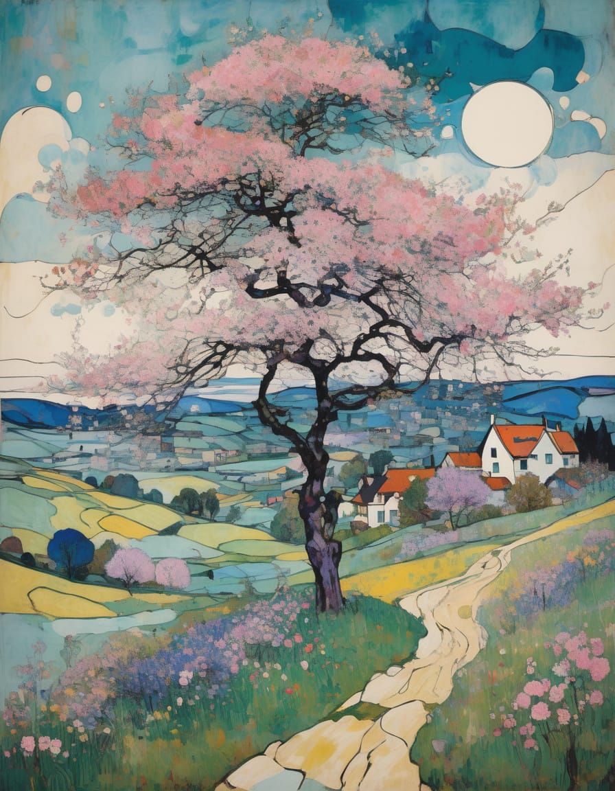 Grunge Spring Landscape in Vibrant Colors