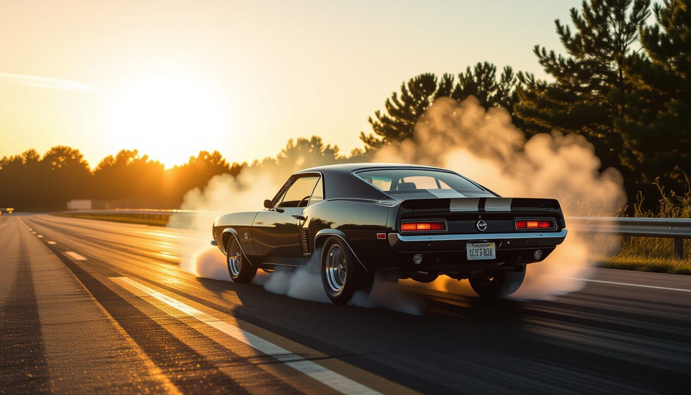 1960s Muscle Car Burnout at Golden Hour