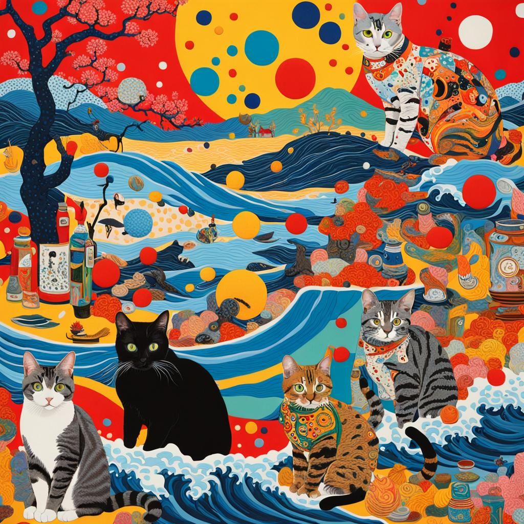 Surreal Japanese Pop Art Collage of Cats