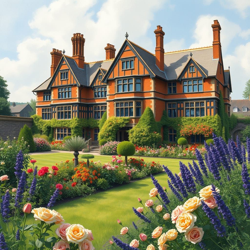 Grand Tudor Mansion in Lush Flower Garden