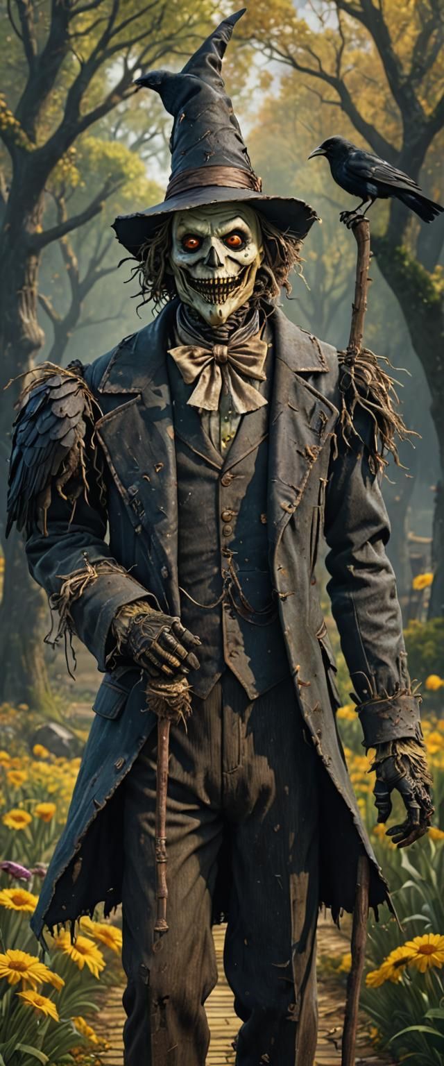 Wizard of Oz Scarecrow with Crow, Detailed Digital Art
