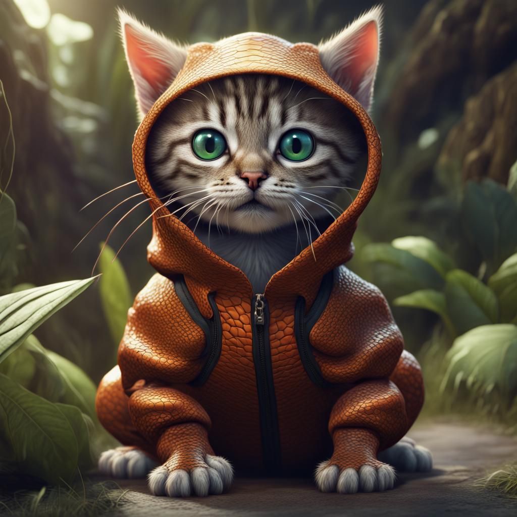 Kitten in Lizard Costume: Detailed Fantasy Art